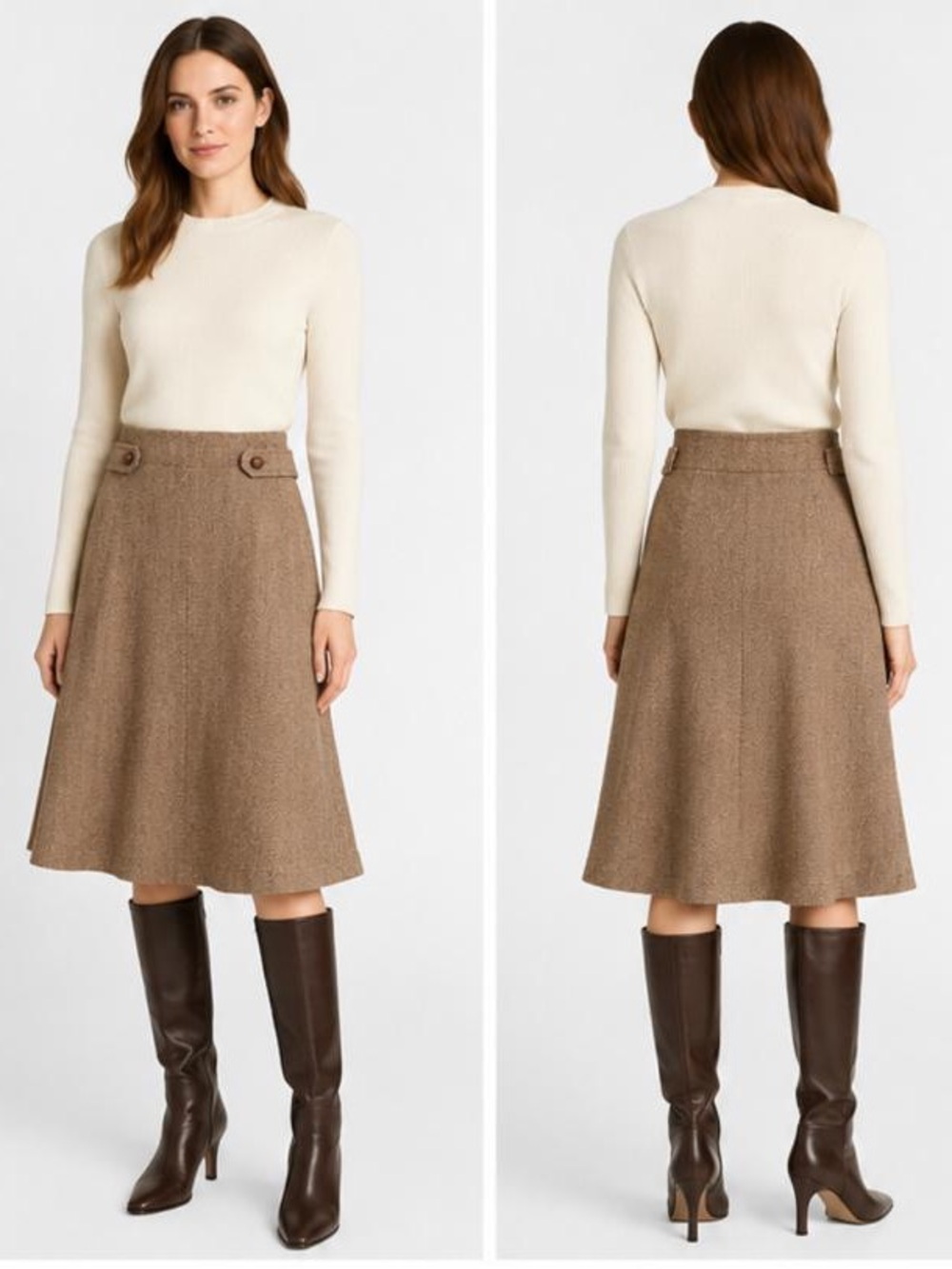 Tailored Tan Herringbone A-Line Skirt with Button Waist